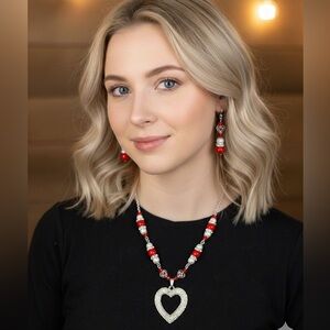 Artisan Heart Pendant w/Rubies, glass & crystal Necklace Set
